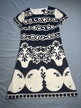 J. Crew Navy and White Patterned Short-Sleeve Midi Dress